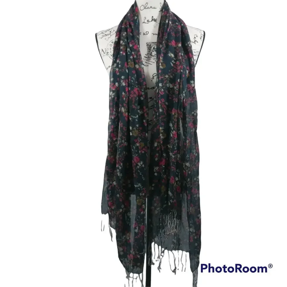 Blue Red Floral Scarf Wrap With Fringe